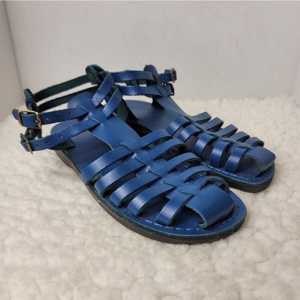 Camel Women's Handmade Jesus Sandal Sz 9 Natural Genuine Blue Leather Holy Land